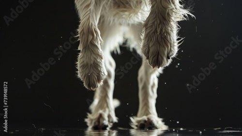 Closeup of a dog's paw in a jump on a black background. Animal in motion.