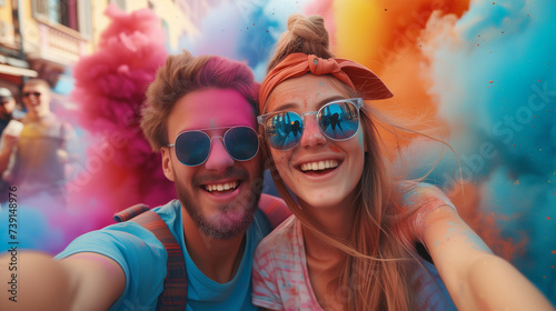 Young Couple Celebrate Holi with Joyful Colors