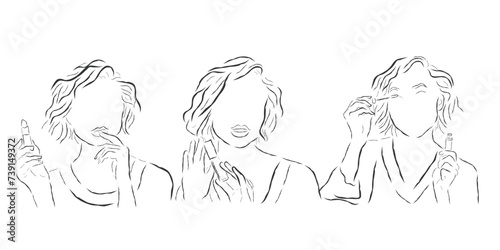 Hand drawn line art vector of a makeup influencer. Makeup tutorials and products. Make up Industry poster art