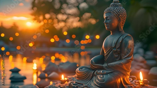 buddha statue in peaceful environment with sparkling lights,generative ai photo