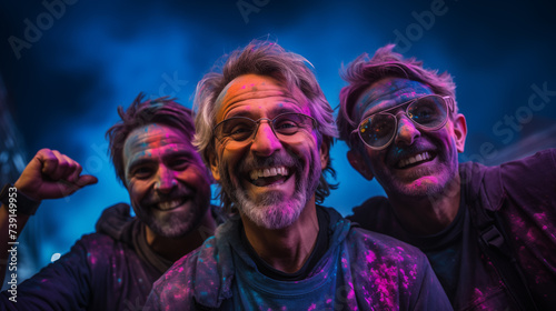 three senior adult friends enjoying holi festival