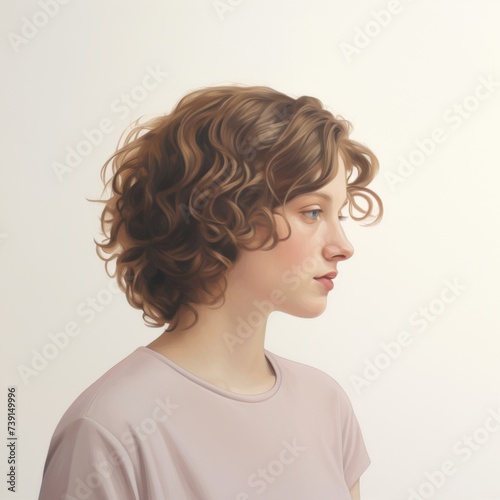 In a side view against a clean white backdrop, a girl's expression remains neutral, providing a versatile canvas for customization and interpretation.