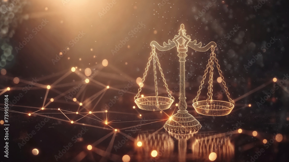 Iconic Law and Justice Symbol, Classic Balanced Scales Against Futuristic Digital Network Backdrop, Conceptualizing Balance, Fairness, Legality, Cyber Law and Justice Evolution in the Digital Era Iconic Law and Justice Symbol, Classic Balanced Scales Against Futuristic Digital Network Backdrop, Conceptualizing Balance, Fairness, Legality, Cyber Law and Justice Evolution in the Digital Era