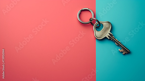 Key with trinket in shape of house on color background, generative ai photo