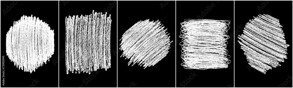 Chalk texture on black background. White brush stroke. Abstract backdrop. Hand drawn drawing. Set vector illustration.