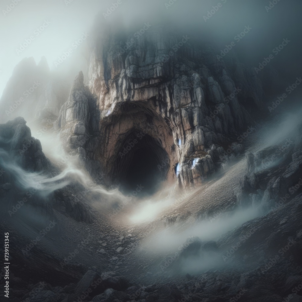 A hidden cave entrance shrouded in mist at the base of a rugged mountain
 - obrazy, fototapety, plakaty 