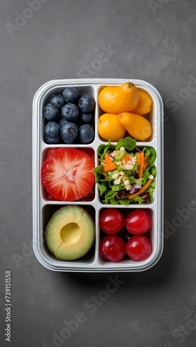 healthy take away food and drinks in disposable eco friendly paper containers on gray background top view fresh, salad ,vegetable, fruit