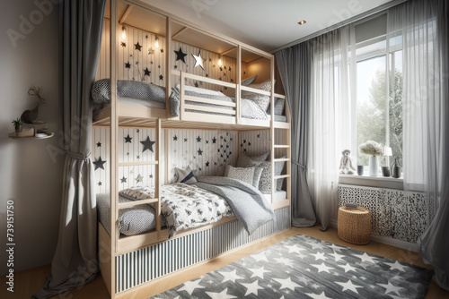 Children's gray and white bedroom with bunk bed with white ladder and drawers underneath. Ai generated photo