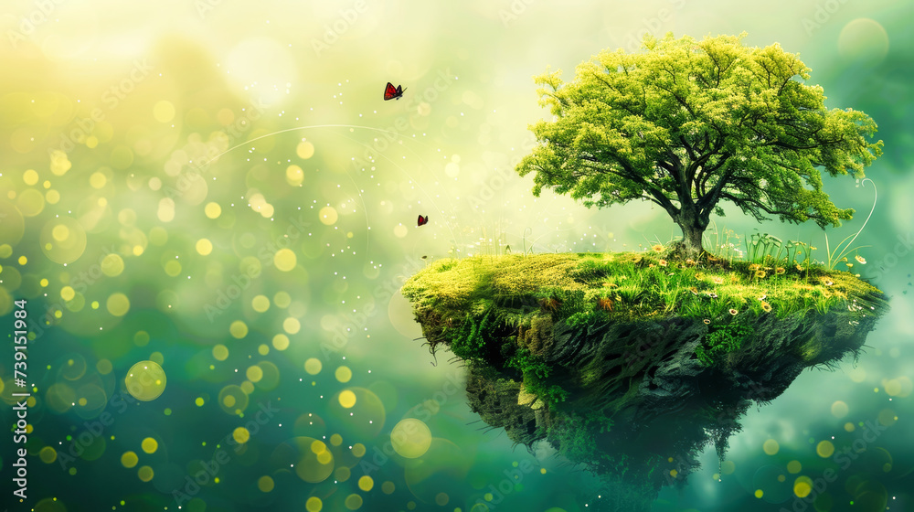Fantasy creative little floating green island with a tree on it Fantasy creative little floating green island with a tree on it