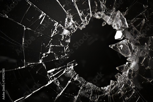 Black and white portrait of broken glass with cracks and an empty center area, broken glass texture, design material, and empty space.  Created with Generative AI. photo