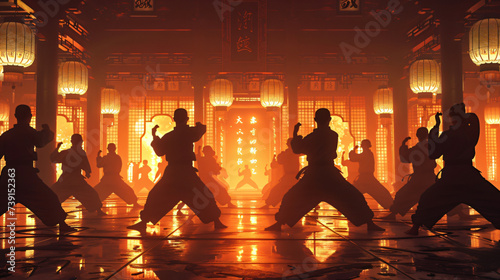 silhouette of a group of people practicing martial arts in a dojo photo