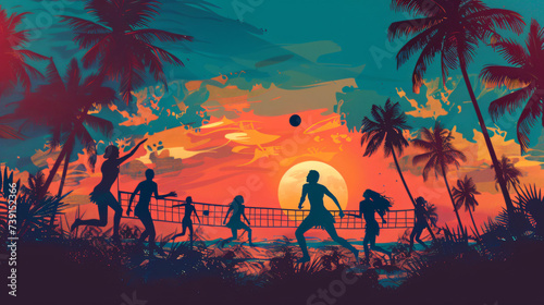 silhouette of a group of friends playing beach volleyball