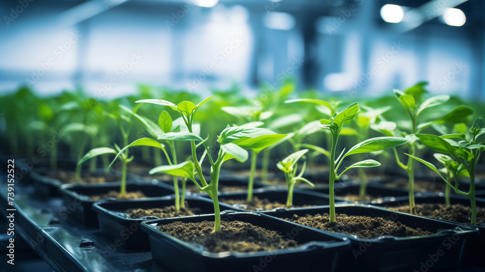 Young Seedlings Growing in Controlled Indoor Agricultural Environment Young Seedlings Growing in Controlled Indoor Agricultural Environment