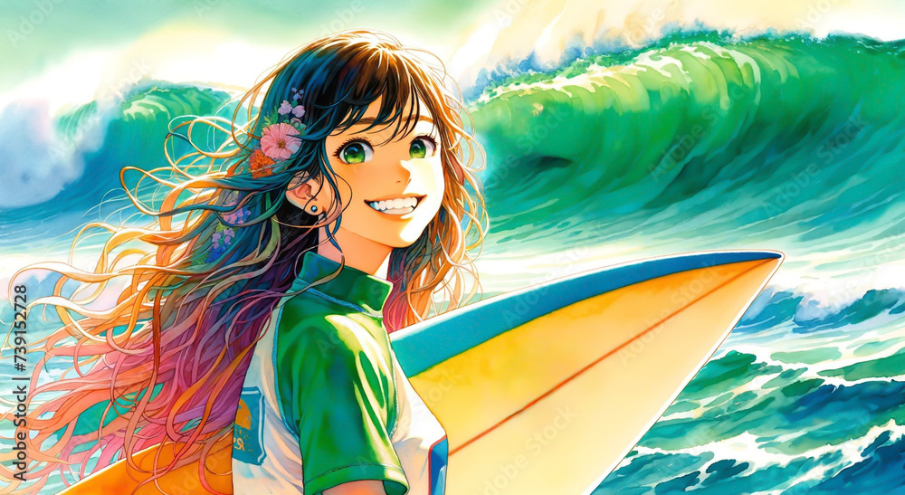 サーフィンを楽しむ女の子, アニメ風