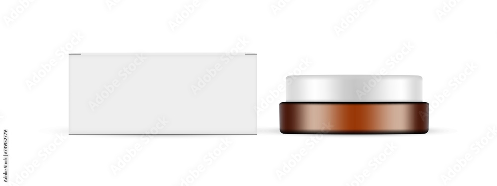 Amber Cream Jar Mockup With Paper Packaging Box, Front View. Vector Illustration Amber Cream Jar Mockup With Paper Packaging Box, Front View. Vector Illustration