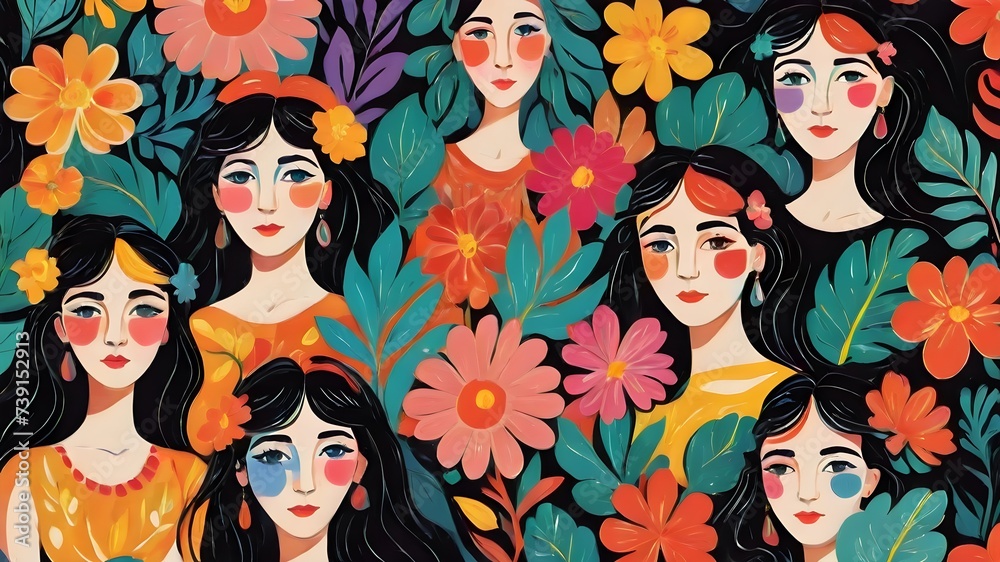women and flower colourful pattern seamless , vector illustration, modern art 