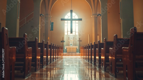Peaceful Church Interior, Focused Wooden Cross, Receding Pews, Altar Background, Large Wall Crucifix, Stained Glass Window Light Ambiance, Quiet Reverent Worship House Atmosphere. photo
