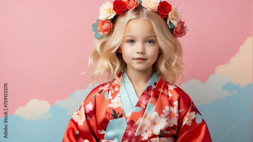 Beautiful young blonde kid girl on kimomo outfit with flowers on hair on pastel plain red background from Generative AI Beautiful young blonde kid girl on kimomo outfit with flowers on hair on pastel plain red background from Generative AI