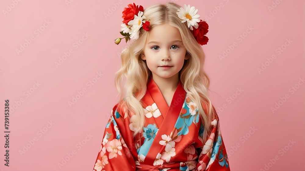 Beautiful young blonde kid girl on kimomo outfit with flowers on hair on pastel plain red background from Generative AI Beautiful young blonde kid girl on kimomo outfit with flowers on hair on pastel plain red background from Generative AI
