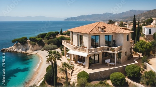 Aerial sdrone shot of a mediterranean vacation house near a beach from Generative AI