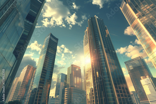 Toned image of modern office buildings and sky scrapers in central of the city realistic image