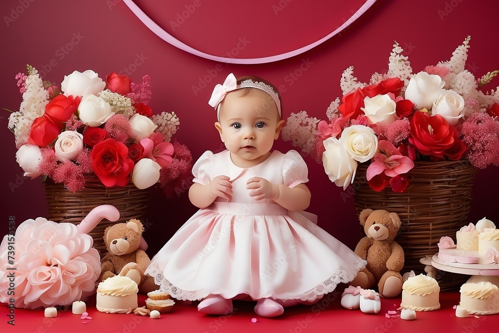 Fototapeta premium christening theme for baby girl in plain red background from Generative AI