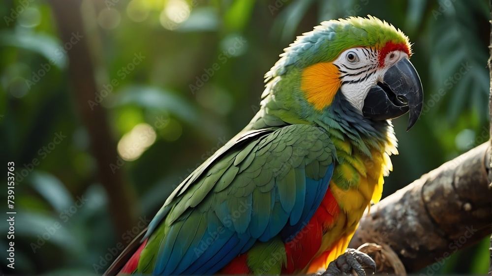 Close up shot of a parrot bird on jungle forest background with rays of sunlight from Generative AI