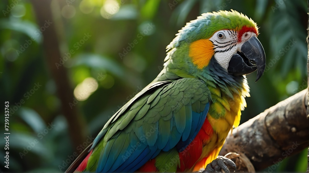 Close up shot of a parrot bird on jungle forest background with rays of sunlight from Generative AI Close up shot of a parrot bird on jungle forest background with rays of sunlight from Generative AI
