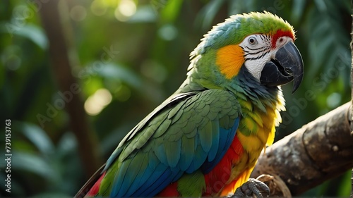 Close up shot of a parrot bird on jungle forest background with rays of sunlight from Generative AI