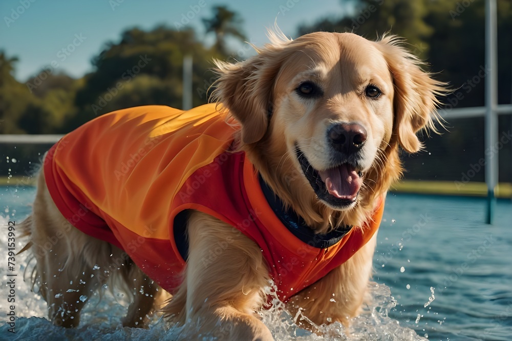 Splashing Fun Under the Sun: A Golden Retriever’s Vibrant Swim in Blue Waters, Radiating Energy and Vitality in Motion, generative AI