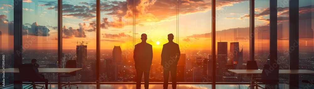 Two silhouetted professionals gaze out at a cityscape sunset from a high-rise office. Two silhouetted professionals gaze out at a cityscape sunset from a high-rise office.