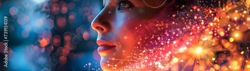 Conceptual image blending a woman s face with bright  virtual light effects  illustrating digital beauty and technology.