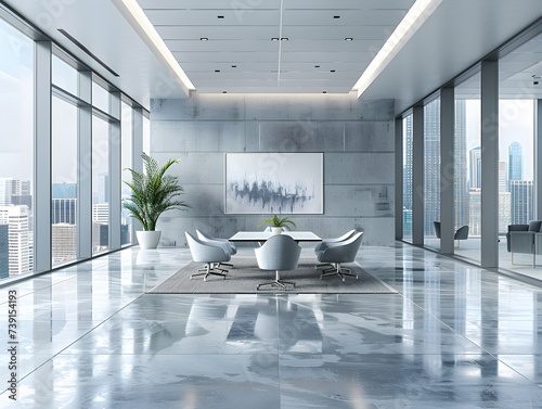 A sleek  contemporary corporate office interior with panoramic city views and minimalist style.