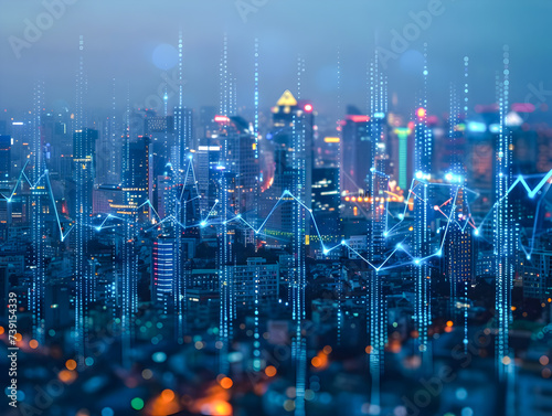 Futuristic city skyline overlaid with digital financial graphs, representing economic growth and data analysis.