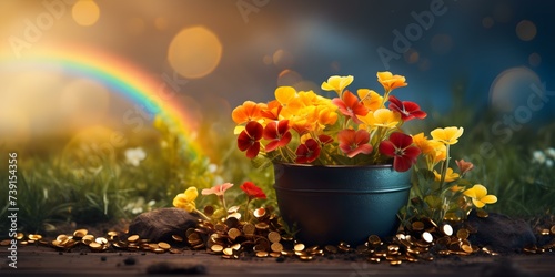 St Patricks Daythemed banner featuring a pot of gold clover leaves and a rainbow. Concept St Patrick's Day, Pot of Gold, Clover Leaves, Rainbow, Banner