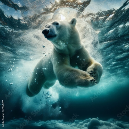 An underwater view captures a polar bear swimming gracefully through icy waters 