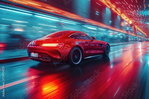 Red sports car at high speed on a city street at night. © P