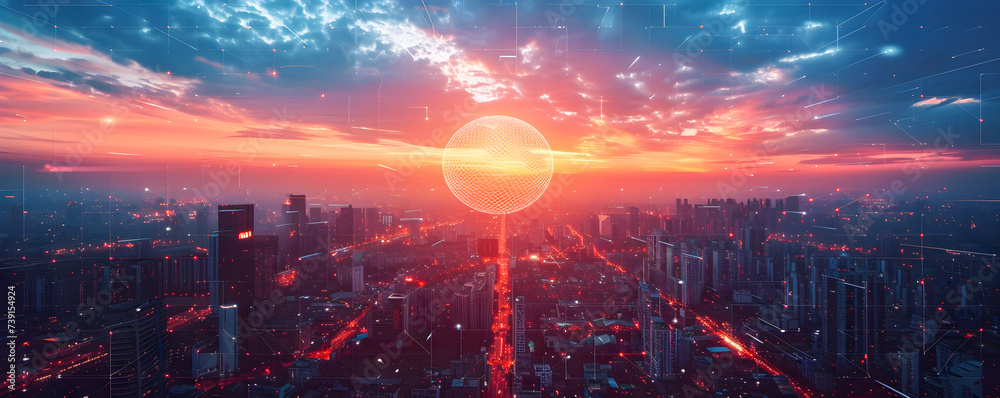 Digital grid overlaying a dynamic urban skyline at dusk, symbolizing connected modern city life.