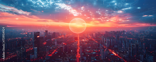 Digital grid overlaying a dynamic urban skyline at dusk, symbolizing connected modern city life.