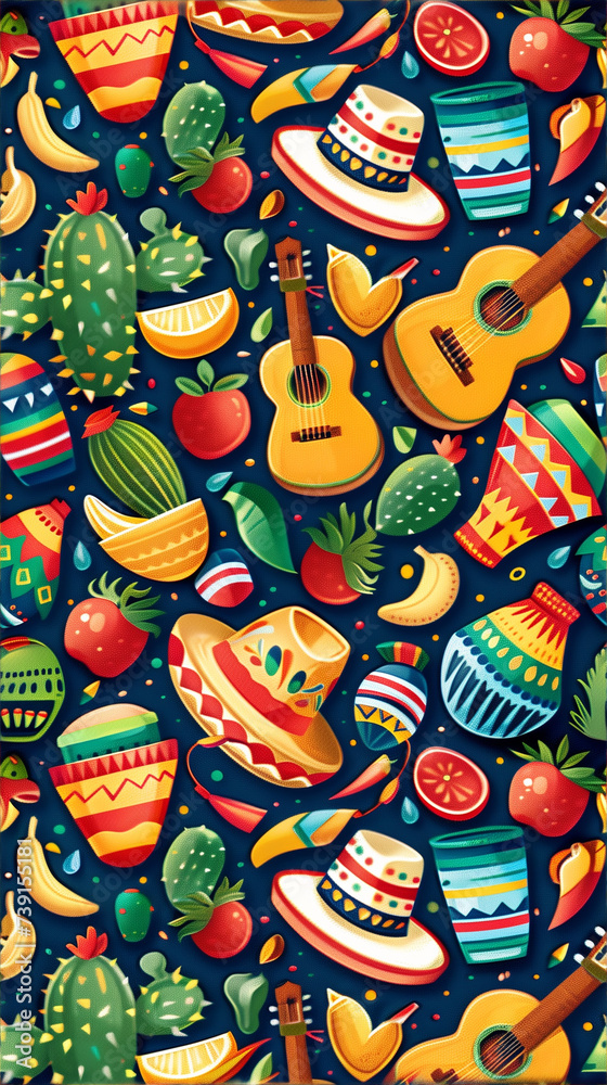 Happy Cinco de Mayo. Colorful holiday banner with Mexican sombrero, flowers and cacti. Vertical banner, tiktok or instastory background