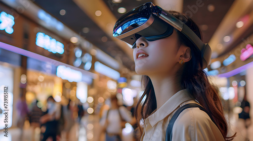 A young woman engages in a virtual reality experience, exploring a digital shopping mall with a VR headset.