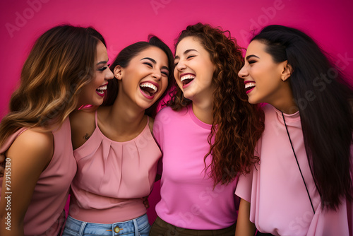Diverse University Friends Strike Spirited Poses Against Vibrant pink Backdrop, Celebrating Friendship and Cultural Diversity with Radiant Togetherness.