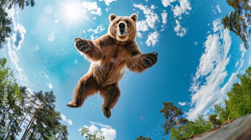 Bear jumping down against a blue sky. Animal in the air in motion