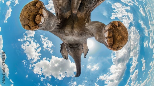 Elephant jumping down against a blue sky. Animal in the air in motion