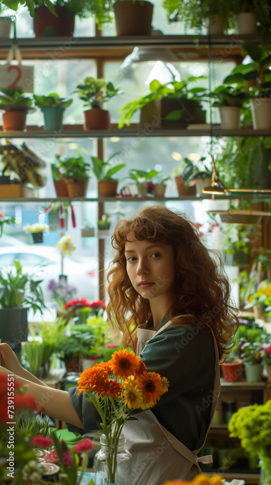 Local business. Florist's shop. Young owner standing in her workshop, working on colorful flowers bouquet. Vertical banner, background for tiktok or instastory Local business. Florist's shop. Young owner standing in her workshop, working on colorful flowers bouquet. Vertical banner, background for tiktok or instastory