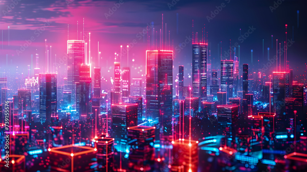 Vibrant neon lights illuminating a futuristic city skyline under a night sky.