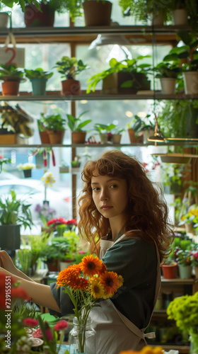 Local business. Florist's shop. Young owner standing in her workshop, working on colorful flowers bouquet. Vertical banner, background for tiktok or instastory