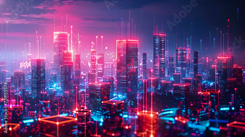 Vibrant neon lights illuminating a futuristic city skyline under a night sky.