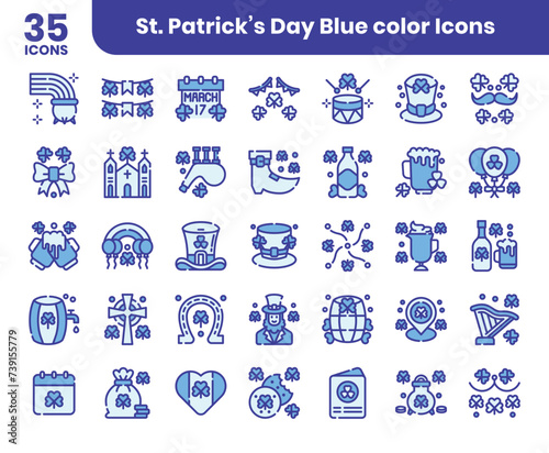 St Patrick's Day blue colored outline Icons Set