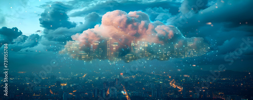 An ethereal cityscape emerging from clouds above a sprawling nighttime urban environment.